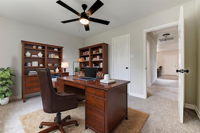 9022 Sultan Dr, Houston, TX 77078 - home office featuring attic access, light carpet, and a ceiling fan