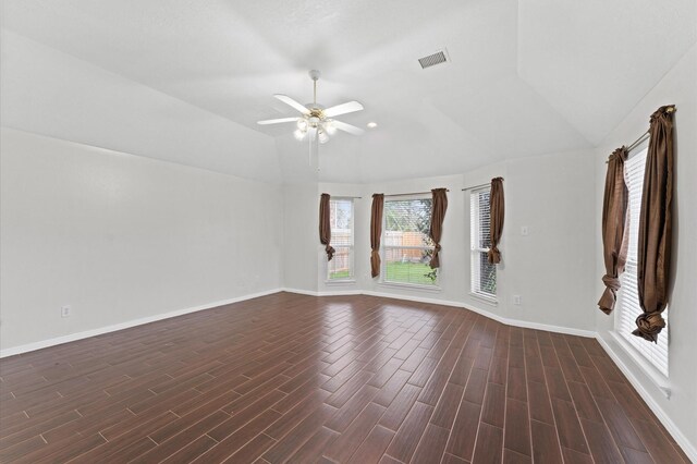 3303 Hickory Knoll Dr, Pearland, TX 77581 - empty room with vaulted ceiling, ceiling fan, dark wood-style floors, and baseboards