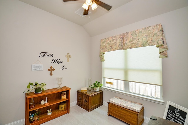 18234 Shoreline Vista Ln, Cypress, TX 77433 - living area featuring a ceiling fan, baseboards, and lofted ceiling