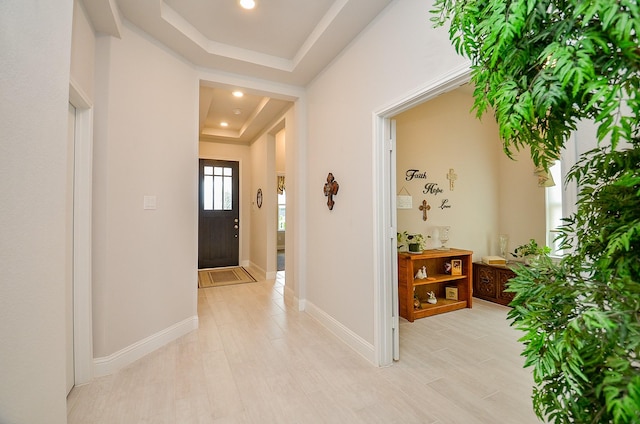 18234 Shoreline Vista Ln, Cypress, TX 77433 - corridor featuring a raised ceiling, light wood-type flooring, baseboards, and recessed lighting
