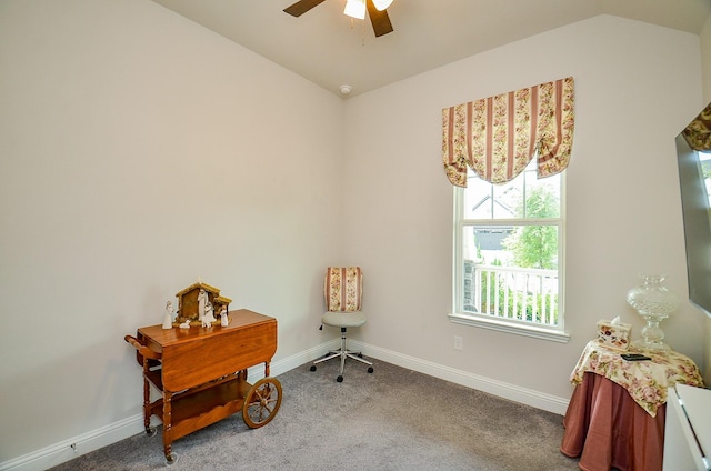 18234 Shoreline Vista Ln, Cypress, TX 77433 - sitting room with lofted ceiling, carpet, a ceiling fan, and baseboards