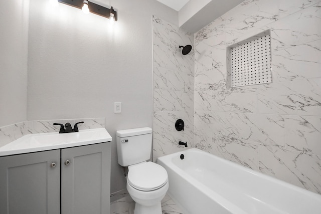 409 S 72nd St, Houston, TX 77011 - bathroom with toilet, marble look tiles, shower / tub combination, and vanity