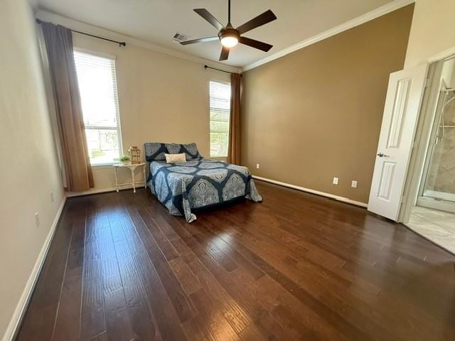 1216 Matthew Hills Ln, Spring, TX 77386 - bedroom featuring wood-type flooring, baseboards, ornamental molding, and ceiling fan
