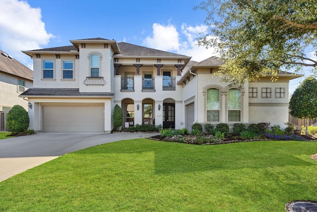 5131 Rowley Falls Ln, Sugar Land, TX 77479 - view of front of house featuring a balcony, stucco siding, a front lawn, and driveway