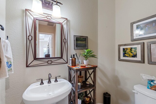 5131 Rowley Falls Ln, Sugar Land, TX 77479 - bathroom with a sink, toilet, and a textured wall