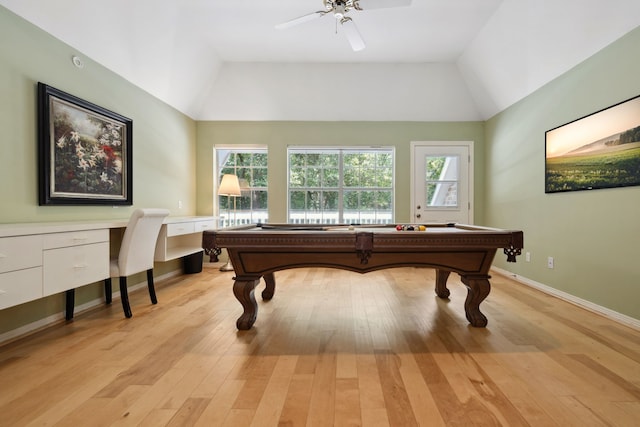 12126 Oak Park Dr, Houston, TX 77070 - recreation room with lofted ceiling, plenty of natural light, billiards, a ceiling fan, and light wood-style flooring