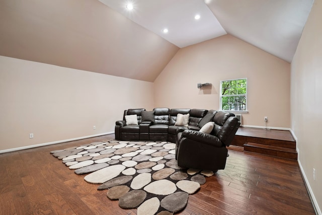 12126 Oak Park Dr, Houston, TX 77070 - living area featuring wood-type flooring, vaulted ceiling, baseboards, and recessed lighting
