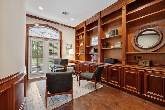 12126 Oak Park Dr, Houston, TX 77070 - office space with ornamental molding, dark wood-type flooring, and recessed lighting