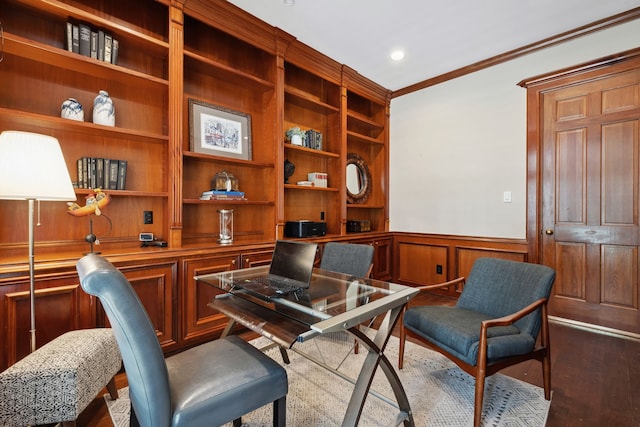 12126 Oak Park Dr, Houston, TX 77070 - office space featuring built in features, a wainscoted wall, ornamental molding, wood finished floors, and recessed lighting