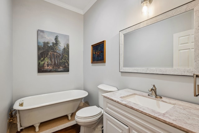 12126 Oak Park Dr, Houston, TX 77070 - full bath featuring a freestanding tub, vanity, ornamental molding, toilet, and wood finished floors