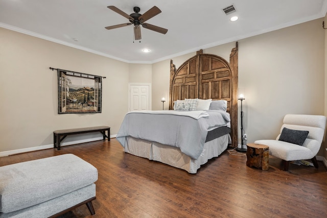 12126 Oak Park Dr, Houston, TX 77070 - bedroom with recessed lighting, dark wood-type flooring, crown molding, baseboards, and ceiling fan
