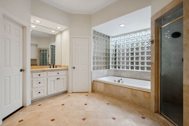 12126 Oak Park Dr, Houston, TX 77070 - full bathroom featuring ornamental molding, vanity, a garden tub, a shower stall, and recessed lighting