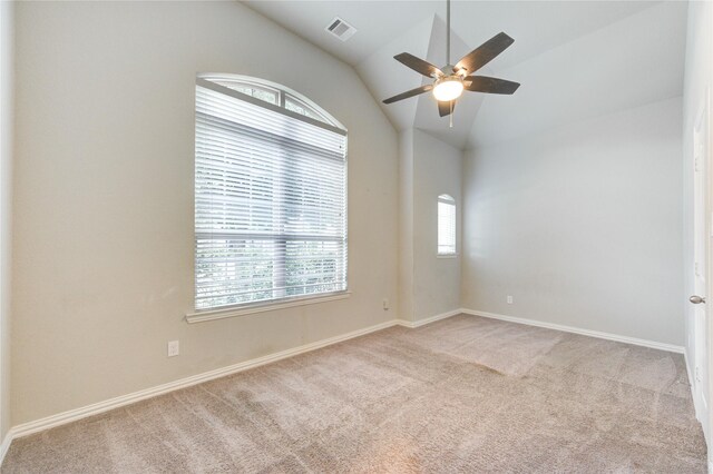 28418 Asher Falls Ln, Fulshear, TX 77441 - unfurnished room featuring carpet floors, ceiling fan, vaulted ceiling, and baseboards
