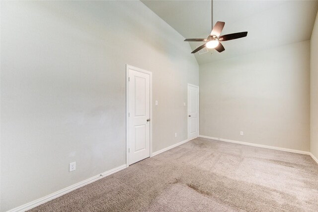 28418 Asher Falls Ln, Fulshear, TX 77441 - carpeted empty room featuring high vaulted ceiling, a ceiling fan, and baseboards