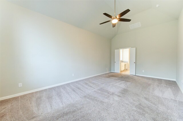 28418 Asher Falls Ln, Fulshear, TX 77441 - empty room featuring high vaulted ceiling, light colored carpet, ceiling fan, and baseboards