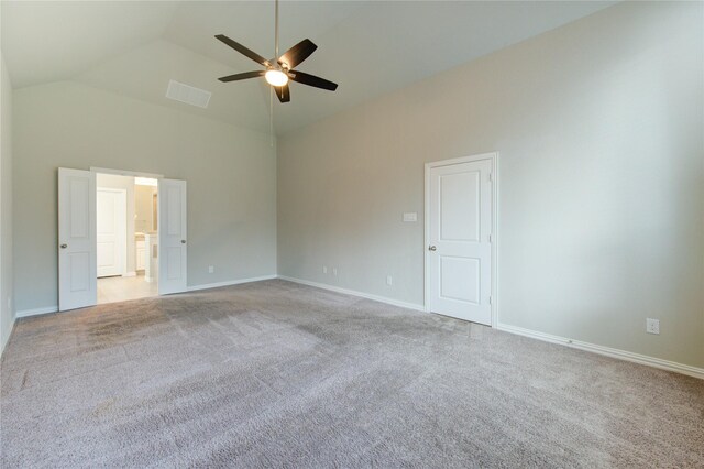 28418 Asher Falls Ln, Fulshear, TX 77441 - empty room with high vaulted ceiling, ceiling fan, light carpet, and baseboards