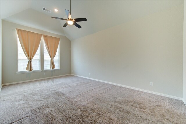28418 Asher Falls Ln, Fulshear, TX 77441 - carpeted empty room with a ceiling fan, lofted ceiling, and baseboards