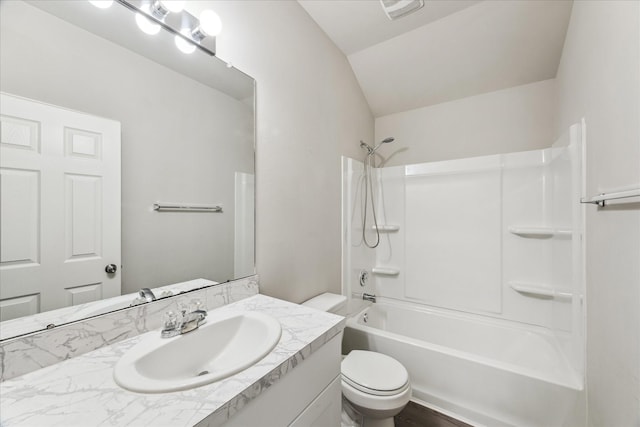 643 E Fairway Lake Dr, Alvin, TX 77511 - bathroom with vanity, bathing tub / shower combination, toilet, and lofted ceiling
