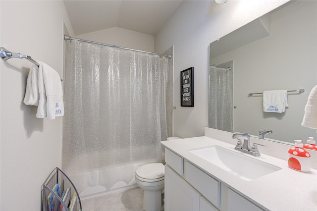 11702 Twin Creeks Hill Dr, Cypress, TX 77433 - full bathroom featuring vanity, toilet, shower / bath combo with shower curtain, lofted ceiling, and tile patterned floors