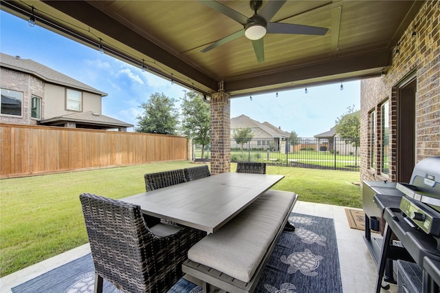 11702 Twin Creeks Hill Dr, Cypress, TX 77433 - view of patio featuring ceiling fan, outdoor dining area, and a grill