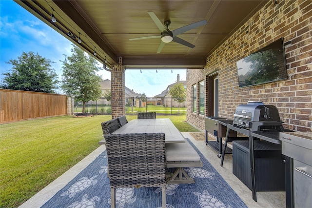 11702 Twin Creeks Hill Dr, Cypress, TX 77433 - view of patio with ceiling fan, outdoor dining space, and a grill