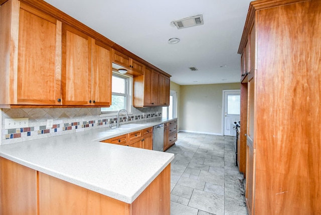 4721 Briarbend Dr, Houston, TX 77035 - kitchen with a sink, stainless steel dishwasher, backsplash, brown cabinets, and light countertops