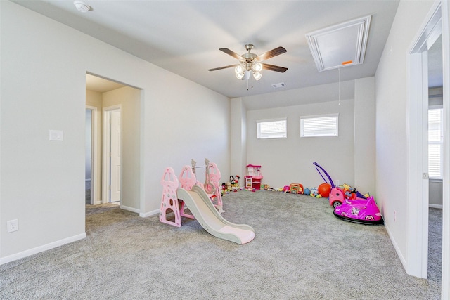 21430 Costalinda Dr, Cypress, TX 77433 - playroom featuring attic access, carpet, ceiling fan, and baseboards