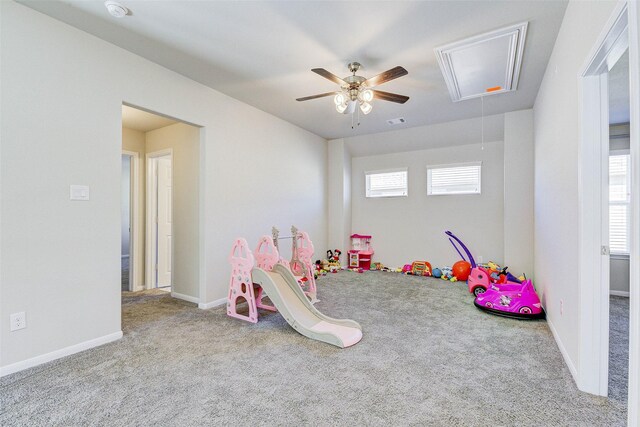 21430 Costalinda Dr, Cypress, TX 77433 - playroom with attic access, carpet flooring, ceiling fan, and baseboards