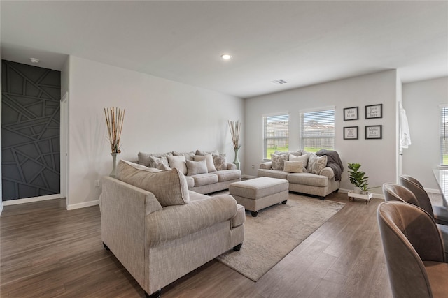 5732 Palm Flower Dr, Montgomery, TX 77316 - living area featuring dark wood-style floors, baseboards, and recessed lighting