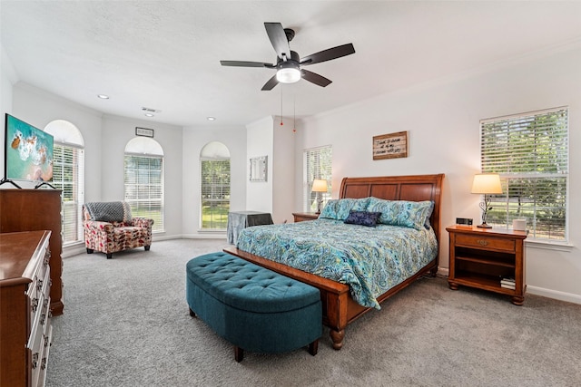21885 Lost Mdw, New Caney, TX 77357 - bedroom with carpet, ornamental molding, baseboards, a ceiling fan, and recessed lighting