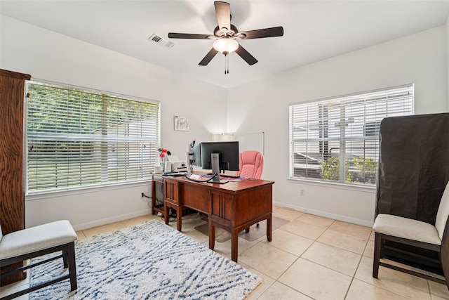 21885 Lost Mdw, New Caney, TX 77357 - office area featuring ceiling fan, baseboards, and light tile patterned floors