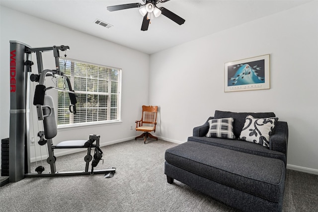 21885 Lost Mdw, New Caney, TX 77357 - sitting room featuring carpet flooring, a ceiling fan, and baseboards