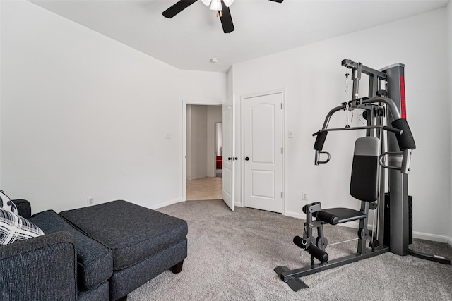 21885 Lost Mdw, New Caney, TX 77357 - exercise area with ceiling fan, carpet flooring, and baseboards