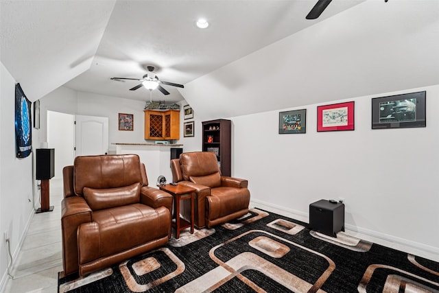 21885 Lost Mdw, New Caney, TX 77357 - cinema featuring a ceiling fan, lofted ceiling, baseboards, a dry bar, and recessed lighting