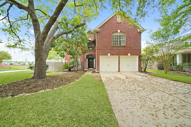 718 Presley Way, Sugar Land, TX 77479 - traditional-style home with brick siding, an attached garage, driveway, and a front lawn