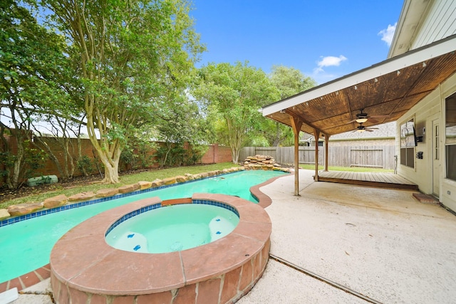 718 Presley Way, Sugar Land, TX 77479 - view of pool featuring a ceiling fan, a fenced backyard, a patio, and a pool with connected hot tub