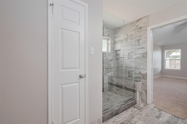 2902 Secluded Dr, Sugar Land, TX 77498 - full bathroom with a shower stall, baseboards, and marble finish floors