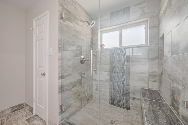 2902 Secluded Dr, Sugar Land, TX 77498 - full bath featuring a stall shower, marble finish flooring, and baseboards