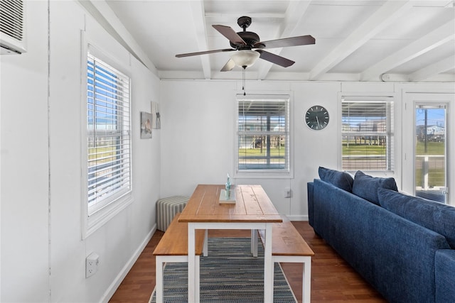 512 Surf Dr, Freeport, TX 77541 - dining space with radiator heating unit, plenty of natural light, dark wood-style flooring, and beamed ceiling