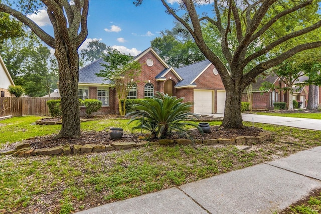1919 W Welsford Dr, Spring, TX 77386 - traditional-style house featuring brick siding, a garage, driveway, and a shingled roof