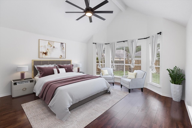 1919 W Welsford Dr, Spring, TX 77386 - bedroom with high vaulted ceiling, beam ceiling, baseboards, dark wood-type flooring, and a ceiling fan