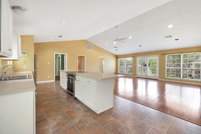 360 Holiday Ln, Coldspring, TX 77331 - kitchen featuring a sink, stainless steel appliances, plenty of natural light, ceiling fan, and vaulted ceiling