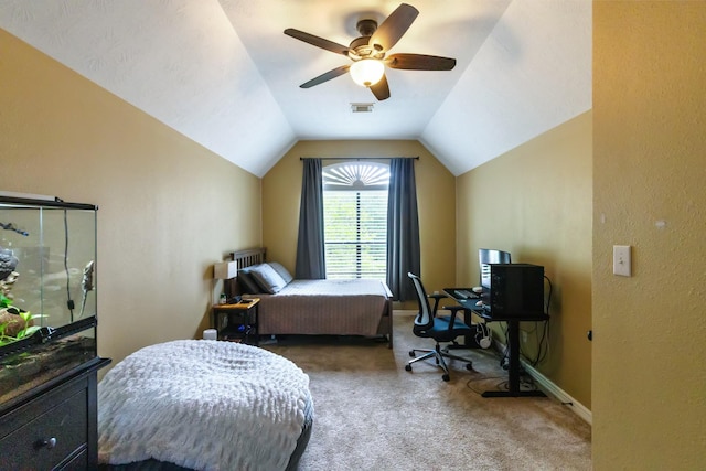 17407 W Blooming Rose Ct, Cypress, TX 77429 - bedroom with carpet floors, lofted ceiling, baseboards, and a ceiling fan