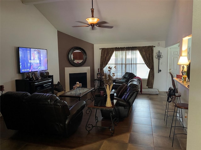 7706 Cloverlake Ct, Houston, TX 77040 - tiled living room featuring lofted ceiling, a ceiling fan, and a large fireplace