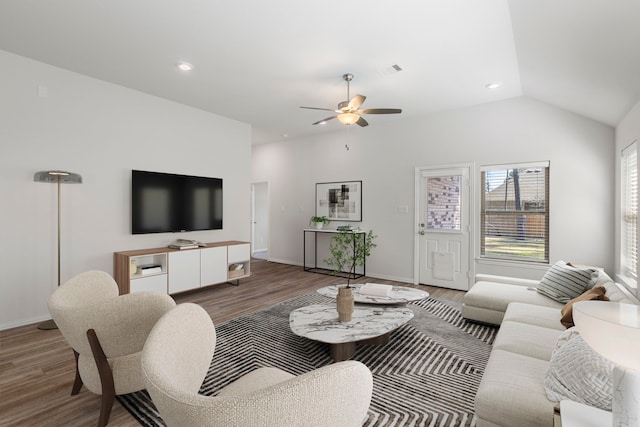 121 N Cadence Hills Loop, Conroe, TX 77318 - living room featuring wood finished floors, a ceiling fan, lofted ceiling, and recessed lighting