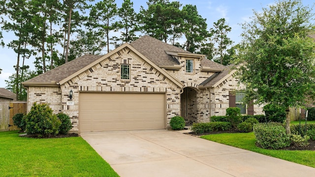 121 N Cadence Hills Loop, Conroe, TX 77318 - french country inspired facade with a shingled roof, an attached garage, concrete driveway, and brick siding