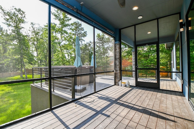11007 Olde Mint House Ln, Tomball, TX 77375 - unfurnished sunroom featuring a hot tub and healthy amount of natural light