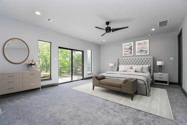 11007 Olde Mint House Ln, Tomball, TX 77375 - bedroom featuring access to outside, carpet flooring, ceiling fan, recessed lighting, and baseboards