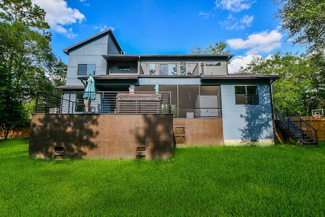 11007 Olde Mint House Ln, Tomball, TX 77375 - rear view of house with stairs, a yard, a balcony, and a sunroom