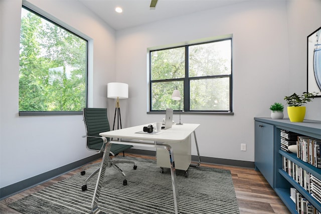 11007 Olde Mint House Ln, Tomball, TX 77375 - home office with wood finished floors, baseboards, and recessed lighting